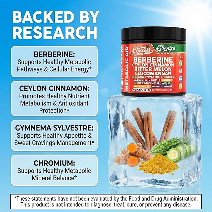 Clean Nutra Berberine and Ceylon Cinnamon Supplement Bitter Melon Glucomannan Gymnema Sylvestre Chromium Moringa Milk Thistle Turmeric Apple Cider Vinegar Digestive Enzymes Inositol Pills 90 Capsules