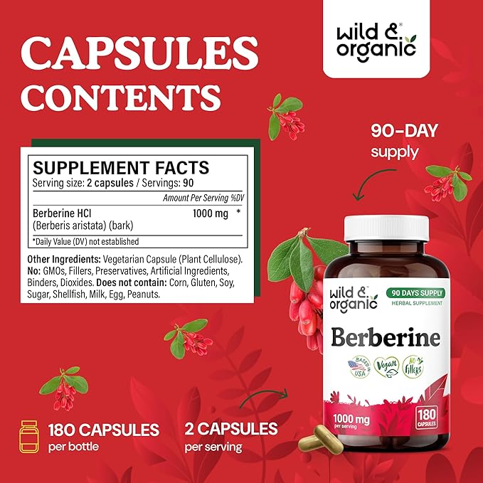 Wild &amp Organic Berberine Supplement Capsules 1000 mg - Antioxidant &amp Overall Support - Pure Berberine HCL Powder - 90 Days of Supply - Berberis Aristata Bark - Vegan No Fillers Non-GMO - 180