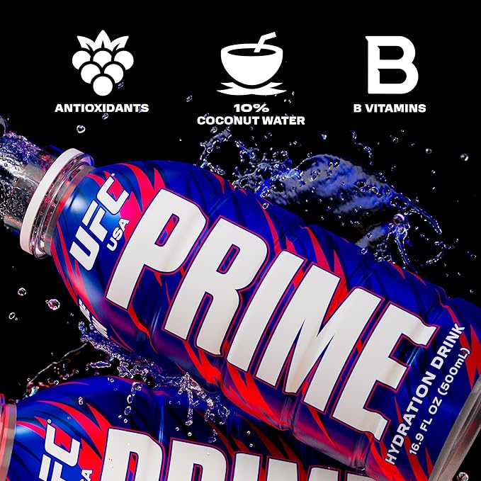 PRIME Hydration UFC Sports Drinks Electrolyte Enhanced for Replenishing Fluids 250mg BCAAs B Vitamins Antioxidants Low Sugar 16.9 Fl Oz 12 Pack