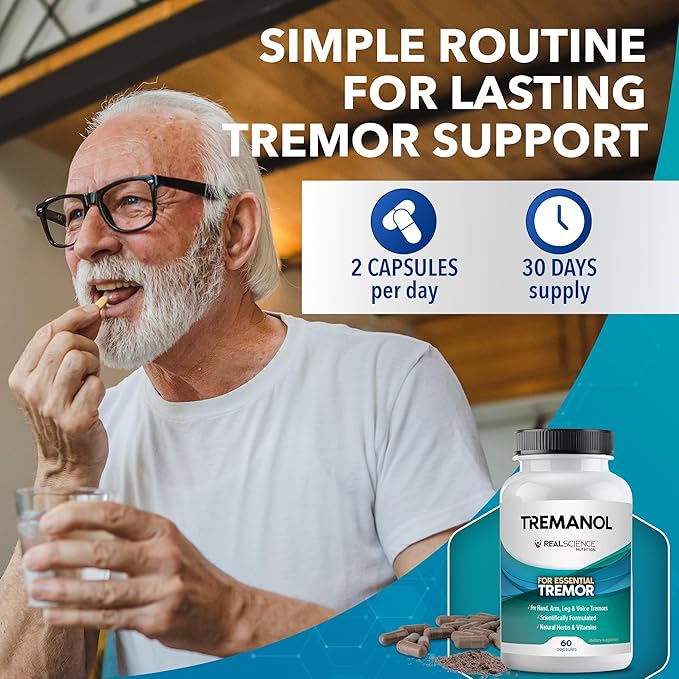Tremanol Natural Aid Essential Tremor Relief Herbal Supplement for Neurological Support - Includes Vitamin B2 &amp B12 Passionflower &amp Skullcap for Hand Tremor Aids - Made in USA 60 Caps