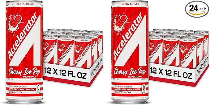 Accelerator Energy DrinkCherry Ice Pop 12oz canZero SugarSustained Energy from 100% Natural Caffeine (200mg from Green Coffee Bean &amp Green Tea extract)(Pack of 24)