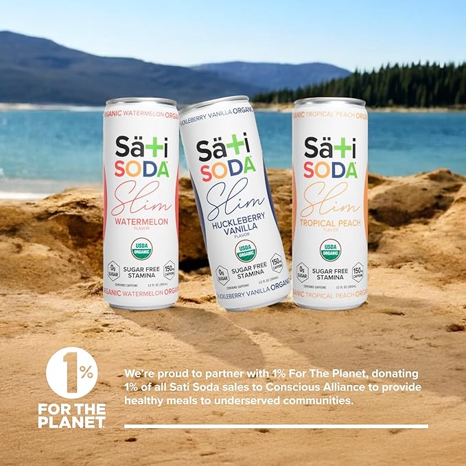 Sati Soda Organic Slim Tropical Peach - Adaptogenic Beverage with Lions Mane Green Coffee Bean &amp Acerola Vitamin C | Zero Calories Zero Sugar (12 Pack of 12 Ounce Cans Tropical Peach)