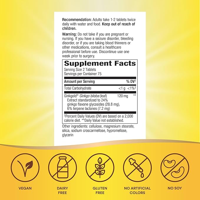 Nature's Way Ginkgold Advanced Ginkgo Extract Supplements for Support of Memory and Focus* Ginkgo Biloba Extract Supports Focus &amp Cognitive Function* 150 Tablets (Packaging May Vary)
