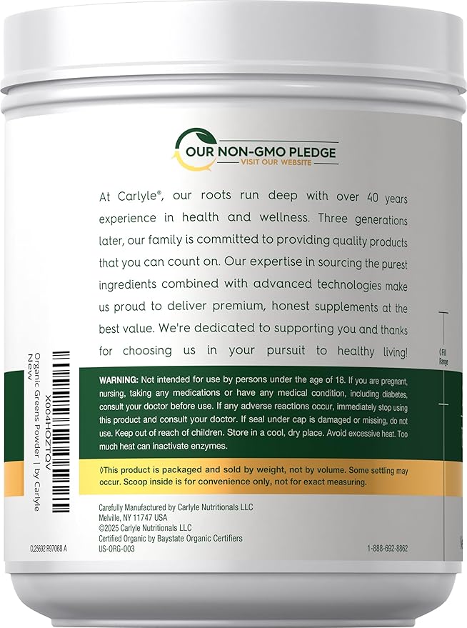 Carlyle Organic Greens Powder | 17.6 oz Supplement | Relieves Occasional Gas discomfort &amp Bloating | with 20+ Superfoods 18 Digestive Enzymes and Prebiotics | Vegan Non-GMO and Gluten Free