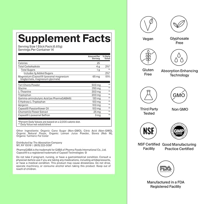 Sleep Aid Powder - Calming Drink for Deep Sleep with Liposomal Saffron Magnesium &amp PharmaGABA Melatonin-Free Natural Supplement to Reduce Stress and Improve Sleep Quality Chamomile Lemonade 28 St