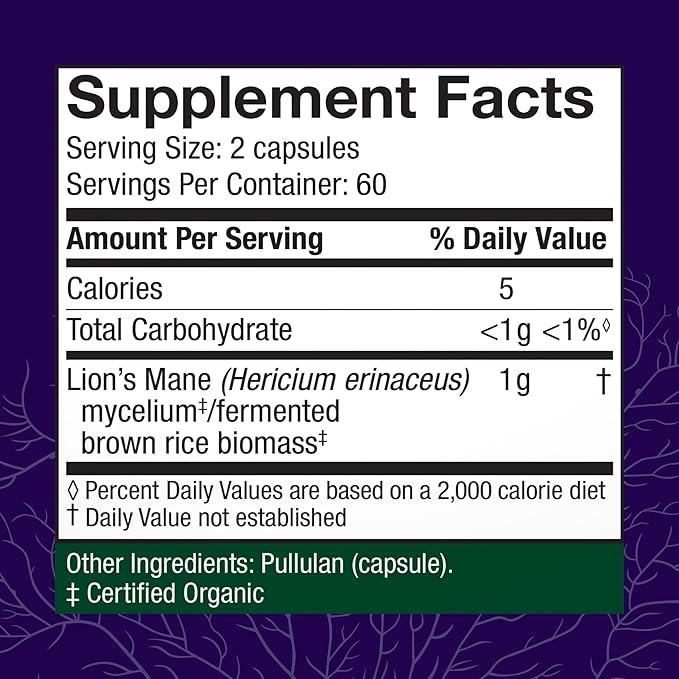 Host Defense Mushrooms Lion's Mane - Supplement Capsules for Brain Health Support - Mushroom Support for Focus &amp Memory Function - Immune &amp Nervous System Supplement - 120 Capsules