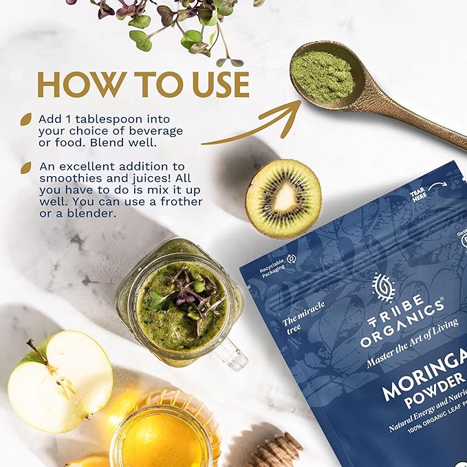 TRIBE ORGANICS Organic Moringa Oleifera Powder for Energy | Joints | Brain Function - High Potency Nutrient Rich Greens Superfood | Natural Leaf Plant Protein | Antioxidant - 200g Pouch