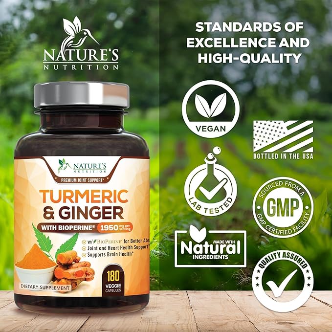 Turmeric Curcumin Supplement - 95% Curcuminoids with Organic Turmeric &amp Ginger BioPerine Black Pepper Extract for Best Absorption Natural Vegan Joint Support Non-GMO Bottled in USA - 180 Capsu