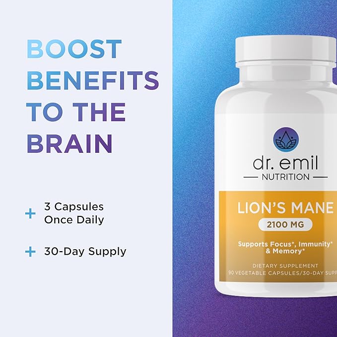 DR. EMIL NUTRITION 2100mg Organic Lions Mane Supplement Capsules - Focus Mental Clarity &amp Cognition - Nootropic Lion's Mane Mushroom Supplement with Organic Lions Mane