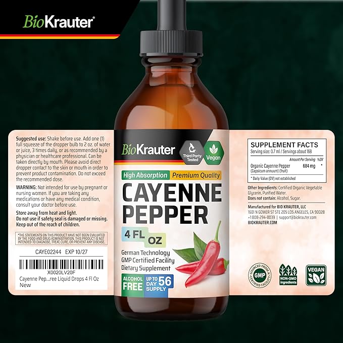 BIO KRAUTER® Cayenne Pepper Drops 684 mg - Pure Vegan Cayenne Pepper Supplements 4 Fl.Oz 56 Days of Supply - Natural Capsaicin for Digestive Support - Alcohol &amp Sugar Free Non-GMO