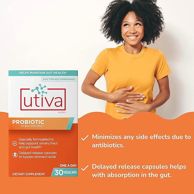 Szio+ Utiva Probiotic – Urinary Tract and Gut Health Supplement – 12 Billion CFU Lactobacillus &amp Bifidobacterium Probiotic for Men and Women 30 Delayed Release Vegi Capsules
