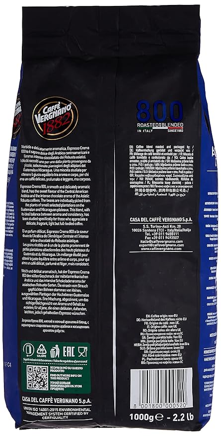 Caffe Vergnano Espresso Roast Crema 800 Blend Whole Bean Coffee | 2.2 Lb Bag (1 kilo) | Imported from Italy