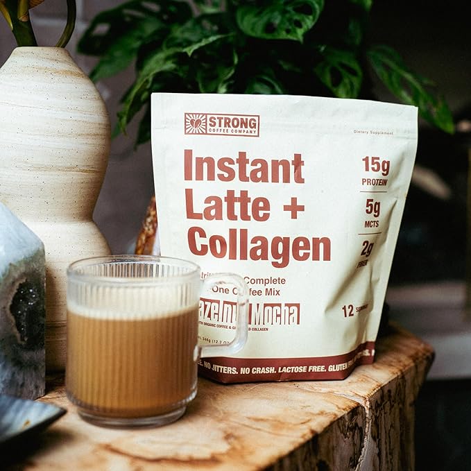 Strong Coffee Co. Hazelnut Instant Latte | Organic Coffee with 15g Collagen Protein | Lion’s Mane &amp L-Theanine | Nootropic Instant Coffee | 12 Servings