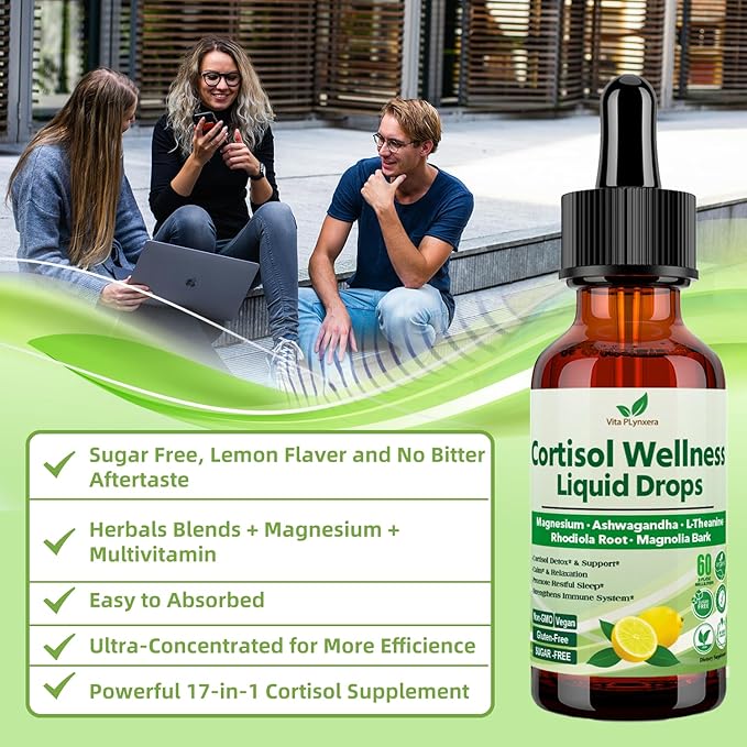 Cortisol Supplement Liquid Drops 17-in-1 Cortisol Detox w. Magnesium Glycinate 400mg Ashwagandha L-Theanine Phosphatidylserine Hormone Balanced for Women Mood Focus Sleep Support