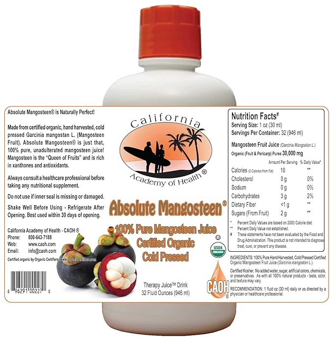 Absolute Mangosteen - Pure Organic Mangosteen Juice from CAOH® (1-32 oz Bottle)