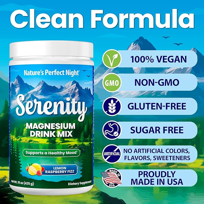 Nature's Perfect Night Melatonin 5mg Quick Dissolve Mixed Berry 200 Count with Serenity Magnesium Powder 15 oz Lemon Raspberry