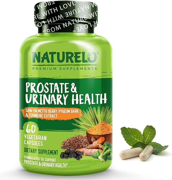 NATURELO Prostate &amp Urinary Health Comprehensive Formula with Saw Palmetto Pygeum Tumeric Plant Sterols Broccoli and Lycopene 60 Vegetarian Capsules