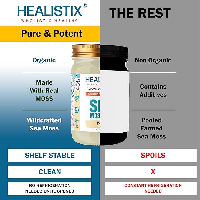 Healistix Raw Sea Moss Gel [16 Oz] - Exquisitely Crafted from Irish Seamoss Wildcrafted in The Pristine Waters of St Lucia A Natural Delight Sea Vegetable in Glass Jar
