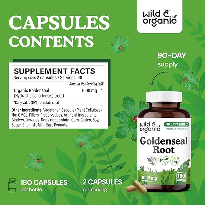 Wild &amp Organic Goldenseal Root Capsules 1000mg - Immune &amp Lung Support - 180 Goldenseal Powder Capsules - 90 Days Supply - Vegan No Fillers Non-GMO