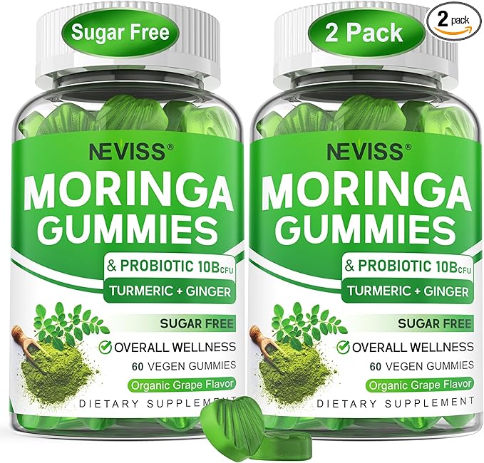 Moringa Gummies for Women Men w/Probiotic Turmeric Ginger Ceylon Cinnamon Sugar Free Organic Moringa Powder Capsules Alternatives Pure Moringa Leaves Green Superfood Supplement - Vegan 120Cts