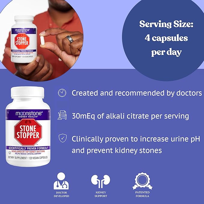 Moonstone Stone Stopper Capsules Kidney Stone Prevention Calcium Oxalate Protector Alkali Citrate Support Supplement Developed by Urologists to Support Kidney Health 90 Day Supply (360 Count)