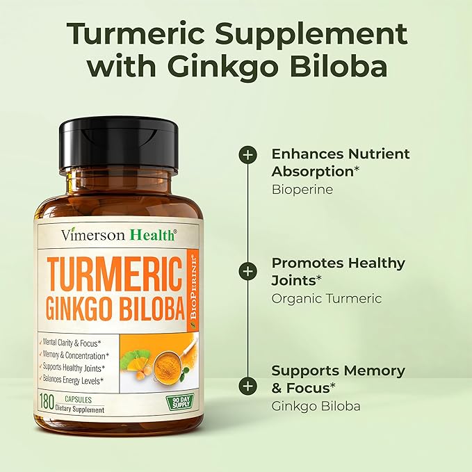 Ginkgo Biloba and Turmeric Curcumin Supplement with Black Pepper &amp Organic Tumeric – Natural Turmeric Supplement for Focus Memory Joint &amp Brain Health – 180 Vegan Ginko Biloba Capsules with
