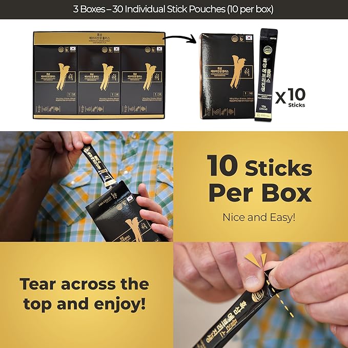 GeumHeuk Korean Black Ginseng Extract Every Ginseng Plus. 10g X 30 Stick Pouches. Immune Support Energy Booster Fatigue Recovery Mental Performance. Patented Method.