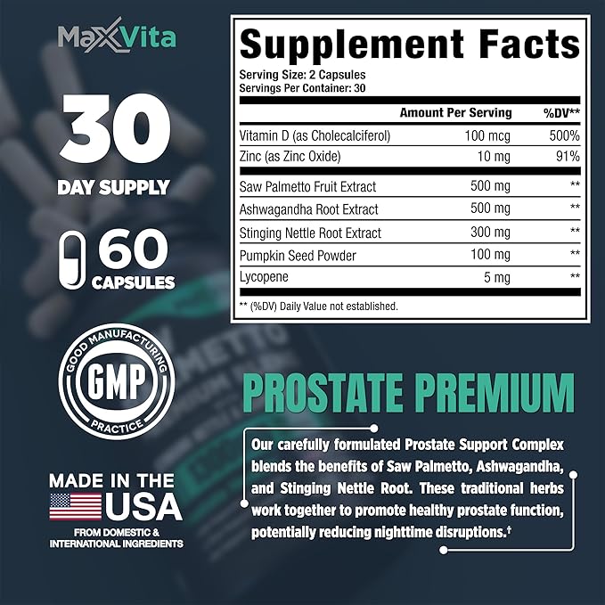 Prostate Premium - Saw Palmetto for Men Stinging Nettle Ashwagandha Lycopene Bladder &amp Urinary Relief Prostate Supplement for Men 60ct