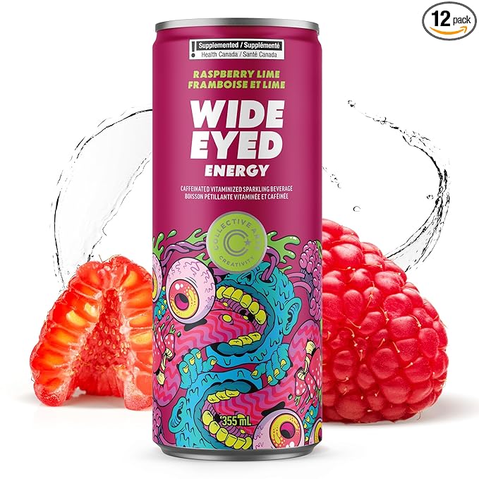 Collective Arts Wide Eyed Energy Drinks | Naturally-Flavored Caffeinated Vitaminized Sparkling Beverage With Fruit Extracts | Raspberry Lime MAX | Pack of 12 | 12 fl oz.(355ml)