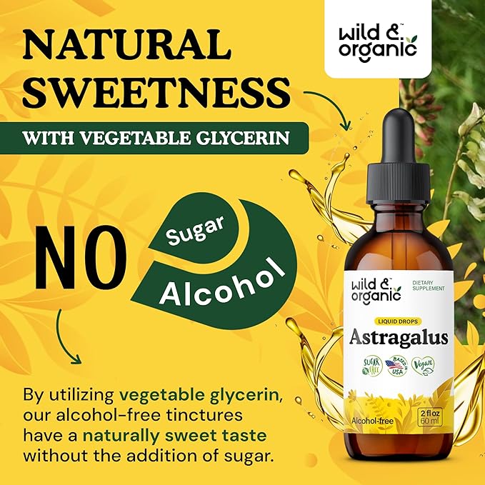 Wild &amp Organic Astragalus Extract Drops - Immune Support - Liquid Astragalus Root Supplement - Add to Tea &amp Mix with Powder - Membranaceus Herb - Vegan Sugar &amp Alcohol-Free Tincture - 2 f
