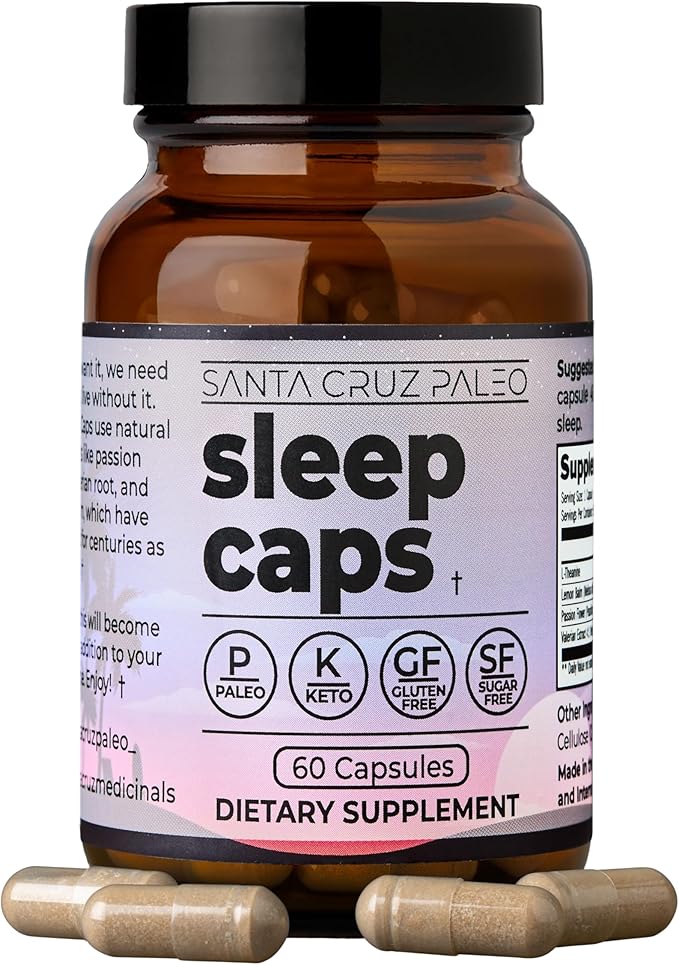 Santa Cruz Paleo Sleep Caps with L-Theanine Lemon Balm Passion Flower &amp Valerian Root Melatonin-Free Nighttime Relaxation Paleo &amp Keto Friendly Sugar &amp Gluten Free 60 Capsules