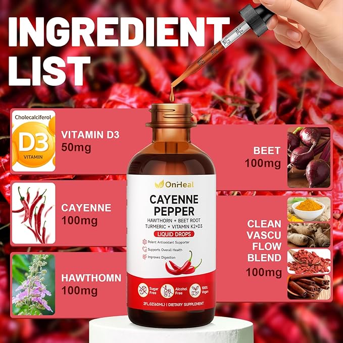 Pure Capsaicin Extract Contains Hawthorn Beetroot Turmeric Vitamins K2 and D3 Ginseng Ceylon Cinnamon - Capsaicin Supplement for Health Benefits - 60ml