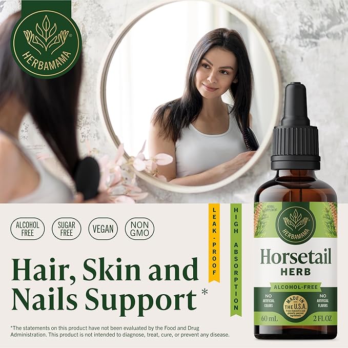 HERBAMAMA Horsetail Supplement Drops - Vegan Hair Nail &amp Skin Care with Horsetail Extract - Non-GMO Alcohol &amp Sugar-Free Liquid Hair Strengthening Tincture 42-Day Supply