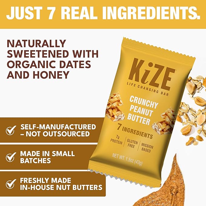 KiZE Energy Bars - Crunchy Peanut Butter - 20-Count - Gluten Free Dairy Free Non-GMO and High Protein Meal Replacement Energy Bars Clean and Simple Food Ingredients - 7g High Protein Snacks (20 Co