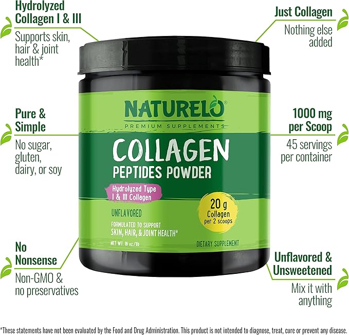 NATURELO Hair Skin and Nails Multivitamin 60 Count Collagen Peptide Powder 45 Servings