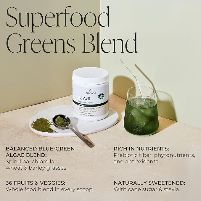 Arbonne BeWell Superfood Greens Powder - Health Supplement Powder Made from a Variety of Fruits and Vegetables Organic Green Juice Supplement 7.8 oz