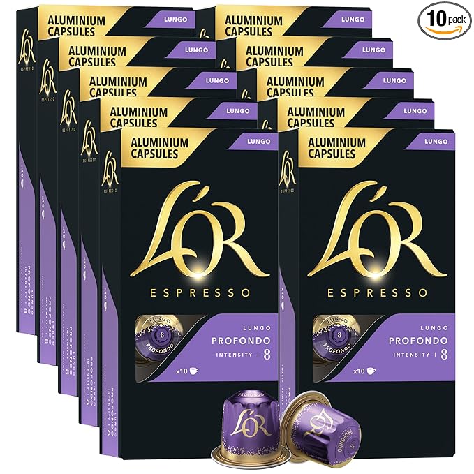 L'OR Espresso Capsules 100 Count Profondo Lungo Single-Serve Aluminum Coffee Capsules Compatible with the L'OR BARISTA System &amp *Nespresso Original Machines