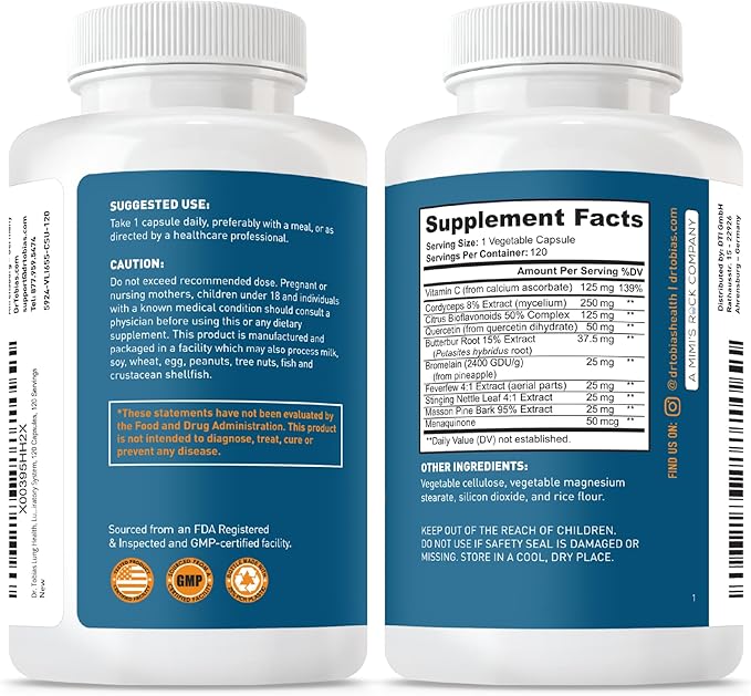 Dr. Tobias Lung Health - Lung Support Supplement with Vitamin C Butterbur Quercetin &amp Bromelain | Lung Cleanse &amp Detox Formula for Bronchial &amp Respiratory System Non-GMO (120 Capsules 1