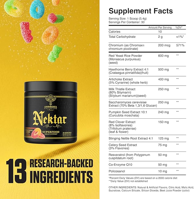Ambrosia Nektar Superfood Powder | Cycle Support Supplement | Greens Powder Alternative | 13 Superfoods for Liver Kidney and Organ Support | 30 Servings | Sour Gummy Candy