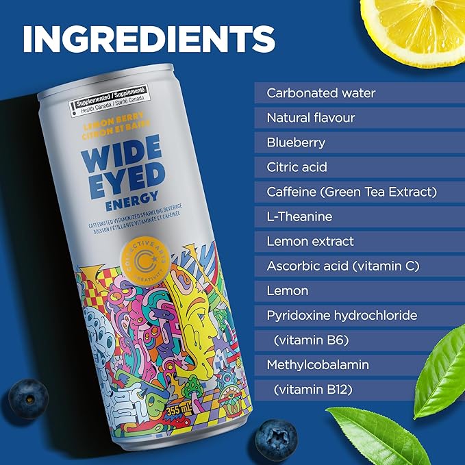 Collective Arts Wide Eyed Energy Drinks | Naturally-Flavored Caffeinated Vitaminized Sparkling Beverage With Fruit Extracts | Lemon Berry BOOST | Pack of 12 | 12 fl oz.(355ml)