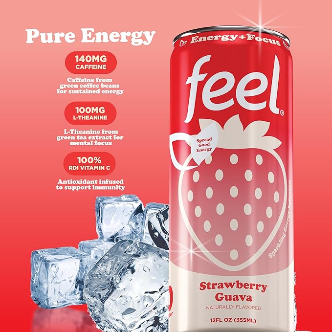 FEEL Zero Sugar Natural Energy Drink – Strawberry Guava 140mg Plant-Based Caffeine with L-Theanine for Focus Vitamin C for Immunity Vegan Non-GMO No Artificial Sweeteners 12 Fl Oz Cans (12-Pack)