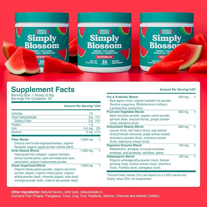 Simply Blossom Nutrition Daily Greens &amp Superfood Powder + Collagen + Probiotics for Women's Digestive Health &amp Bloating Relief. Help Your Health Bloom - 3 Month Supply - Watermelon