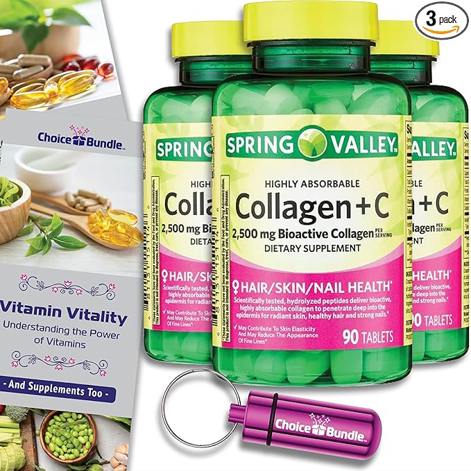 Spring Valley Highly Absorbable Collagen + Vitamin C Tablets Hair Skin Nail Health 2500 mg 90 Ct 3 pk (270 Total) + Vitamin Vitality &amp Pill Container (5 Items)!