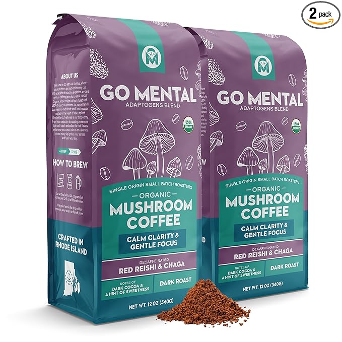 Organic Mushroom Decaffeinated Coffee Dark Roast Swiss Water Water Process Red Reishi &amp Chaga Decaf for Calm and Relaxed Focus Grade 1 Single Origin Peruvian 12oz - Ground (2 Pack)