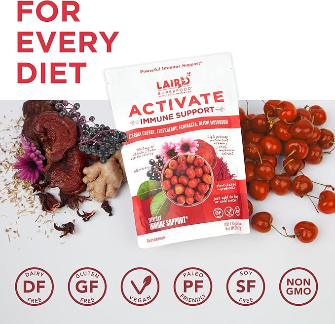 Laird Superfood Activate Immune Support Powder Drink Supplement 1000 mg of Vitamin C from Acerola Cherry Elderberry Echinacea and Reishi Mushroom 7.75 Gram Stick Pack of 10