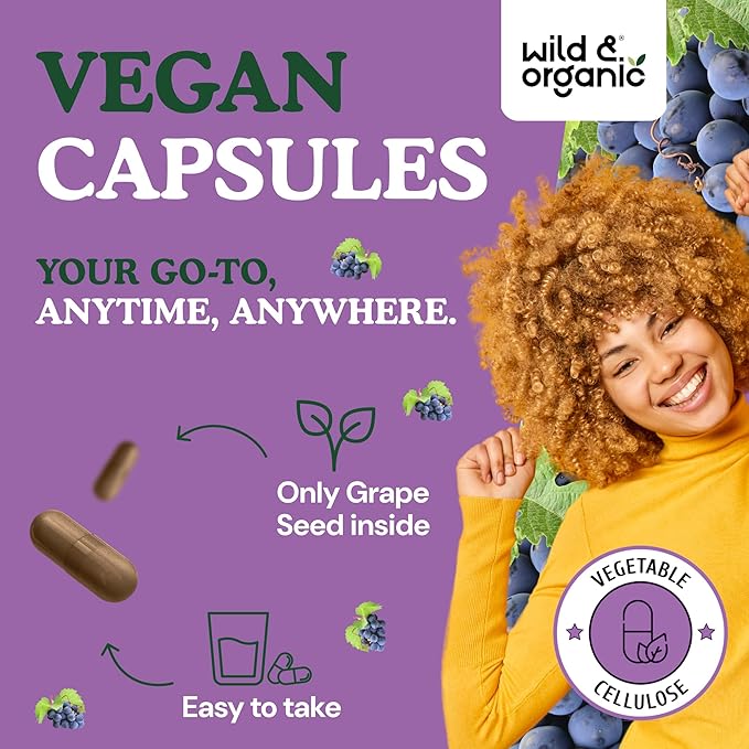 Wild &amp Organic Grape Seed Extract Capsules - 20000 mg Strength Grapeseed Extract Equivalent - 95% Polyphenols - 400 mg per Serving - 2 Month Supply - 60 Vegan Capsules - Non-GMO