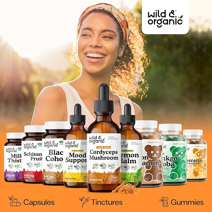 Wild &amp Organic Cordyceps Mushroom Tincture - Cordyceps Extract Supplement for Energy &amp Immune Support - Liquid Sinensis Mushroom Drops - Vegan Sugar &amp Alcohol-Free - 2 fl oz