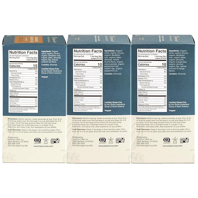 Teeccino Dandelion Root Tea Sampler - Caramel Nut Mocha Mint Coconut - Caffeine-Free Roasted Herbal Tea with Prebiotics Gluten Free - 25 Tea Bags (Pack of 3)