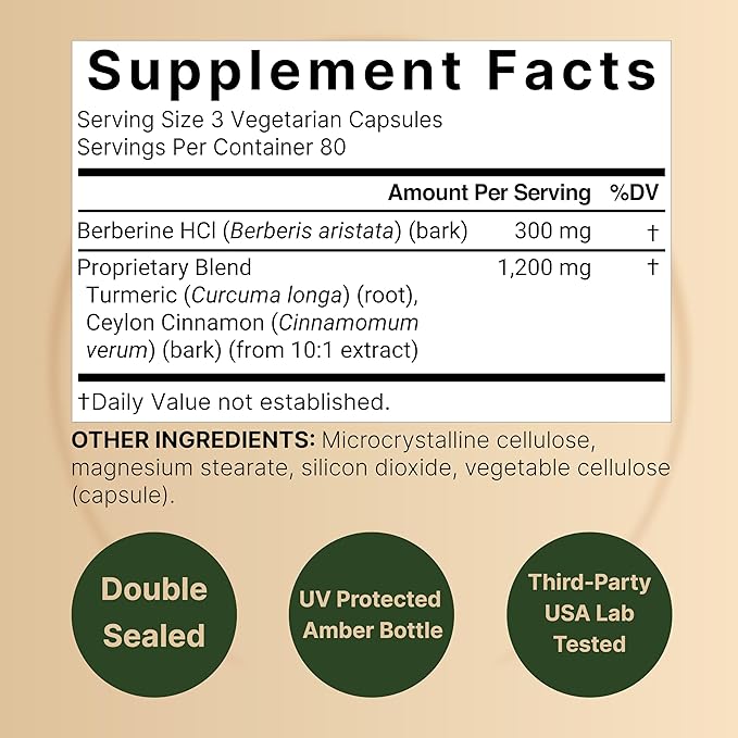 NatureBell Berberine Supplement 1500mg with Ceylon Cinnamon &amp Turmeric Root 480 Veggie Capsules (2 Pack) | 97% Pure Berberine HCL | Supports Balanced Sugar Levels &amp Heart Health | Vegan Non