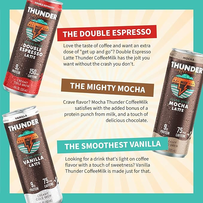 Thunder CoffeeMilk - 11 oz Aussie Style Cold-Brewed Latte Canned Coffee Iced Coffee Cans for Grab &amp Go Natural Protein-Rich 150mg Caffeine Energy Drink in Handy Cold Brew Cans Doubleshot Espres